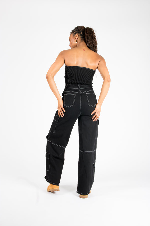 Liquor & Poker Bandeau Black Denim Contrast Stitch Jumpsuit