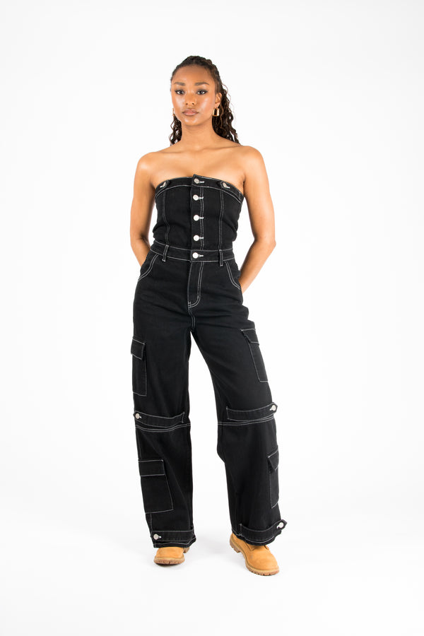 liquor & poker Bandeau Black Denim Contrast Stitch Jumpsuit