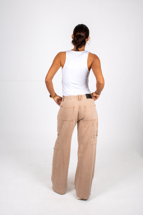 Liquor & Poker Beige Mid Rise Carpenter Wide Leg Jean