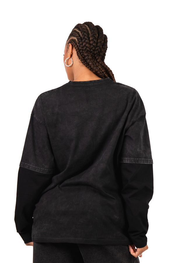 Liquor & Poker Black & Blue Graphic Printed 'Repentance' Motif Double Layered Long Sleeve T-Shirt