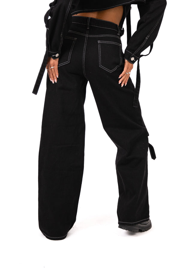 Liquor & Poker Black Contrast Stitch & Buckle Straight Leg Jeans