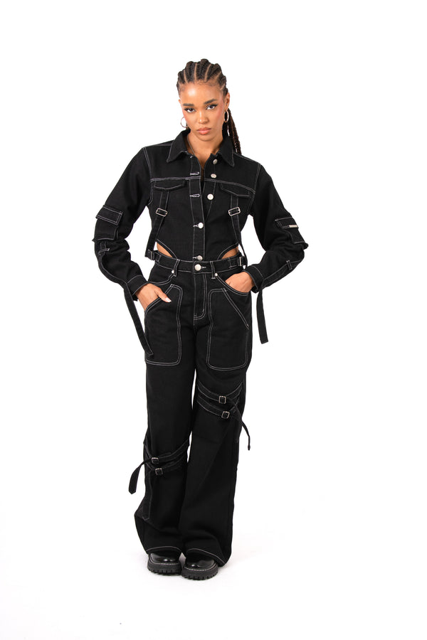 Liquor & Poker Black Contrast Stitch & Buckle Straight Leg Jeans