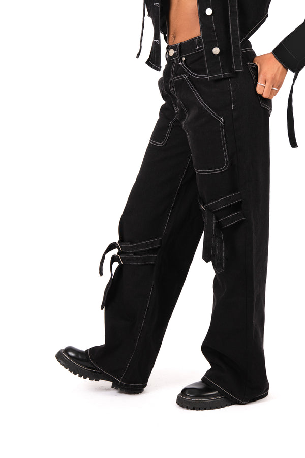 Liquor & Poker Black Contrast Stitch & Buckle Straight Leg Jeans