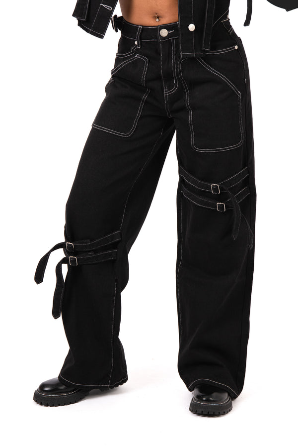 liquor & poker Black Contrast Stitch & Buckle Straight Leg Jeans