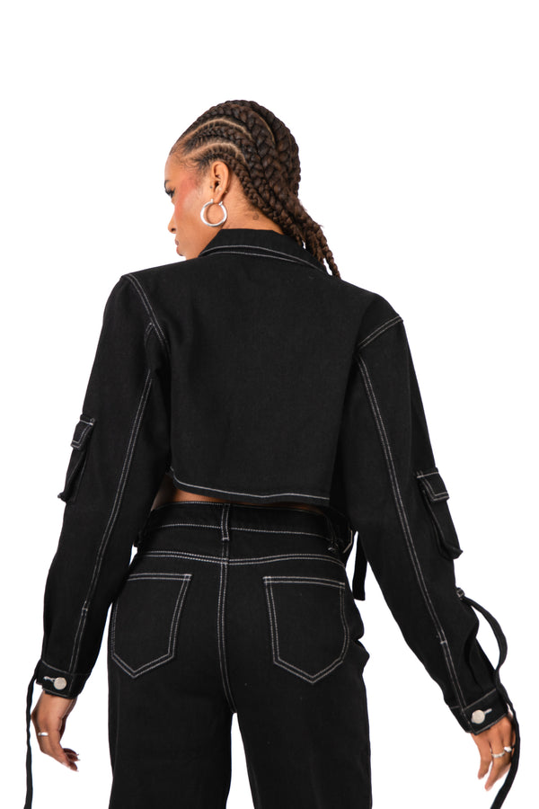 Liquor & Poker Black Contrast Stitch & Utility Pocket Cropped Denim Jacket