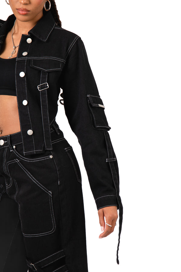 Liquor & Poker Black Contrast Stitch & Utility Pocket Cropped Denim Jacket