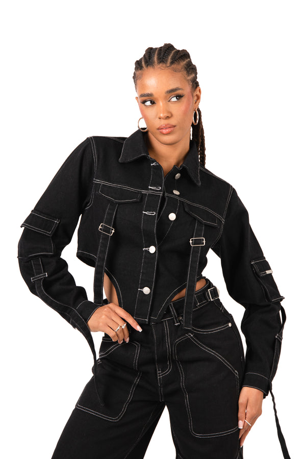 Liquor & Poker Black Contrast Stitch & Utility Pocket Cropped Denim Jacket
