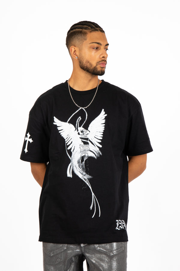 Liquor & Poker Black Diamanté Graphic Printed T-Shirt