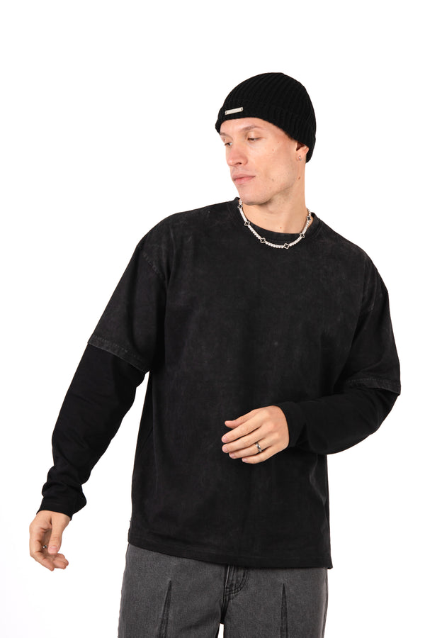 Liquor & Poker Black Double Layer Oversized 'Redemption' Motif Long Sleeve T-Shirt
