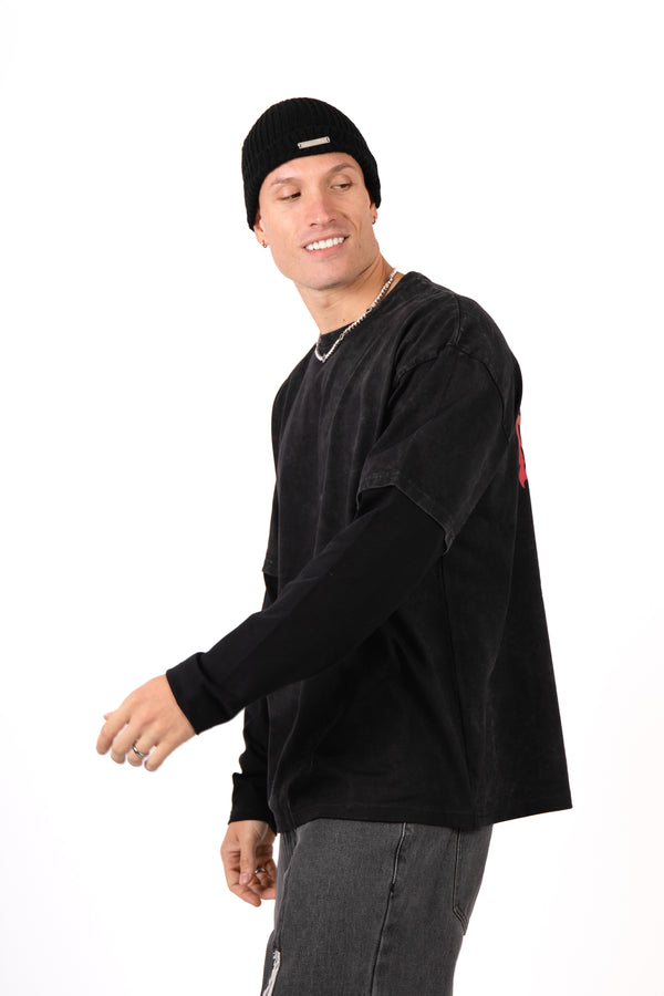 Liquor & Poker Black Double Layer Oversized 'Redemption' Motif Long Sleeve T-Shirt