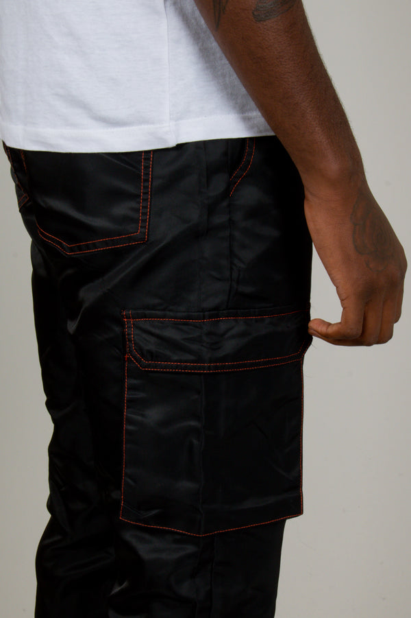Liquor & Poker Black Out Nylon Cargo Trouser With Neon Orange Stitch