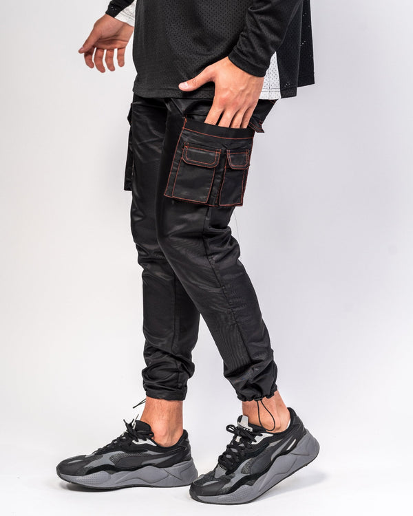 liquor & poker Black Out Nylon Cargo Trouser With Neon Orange Stitch