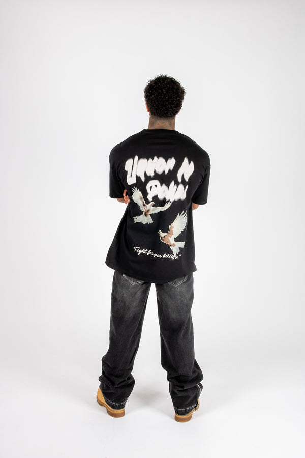 Liquor & Poker Black Oversized Bird Graphic Back Printed T-Shirt
