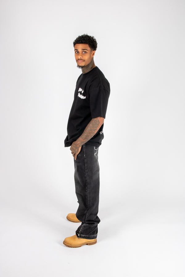 Liquor & Poker Black Oversized Bird Graphic Back Printed T-Shirt