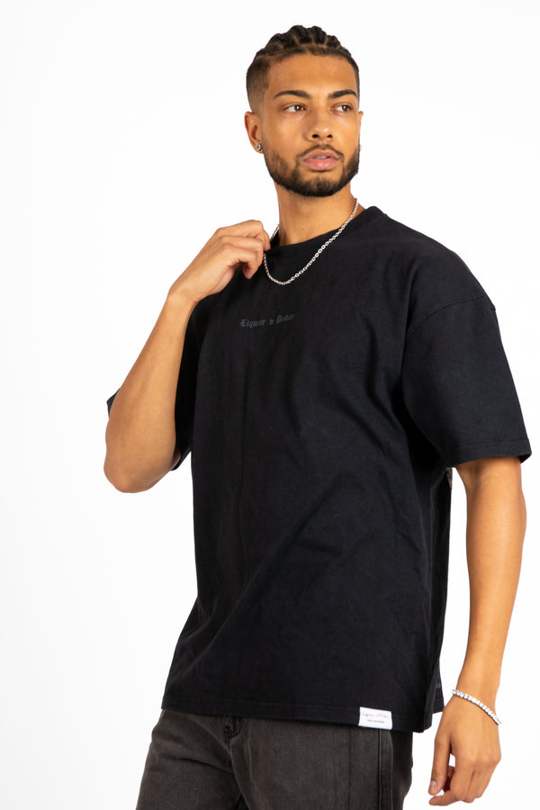 Liquor & Poker Black Oversized "Repentance" Motif Printed T-Shirt