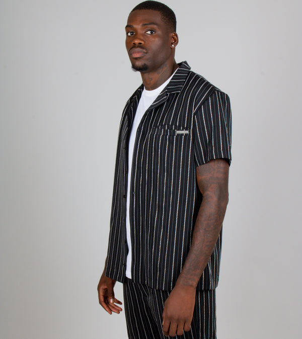 Liquor & Poker Black Pinstripe Revere Collar Short Sleeve Shirt