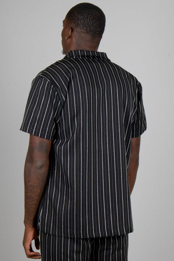 Liquor & Poker Black Pinstripe Revere Collar Short Sleeve Shirt