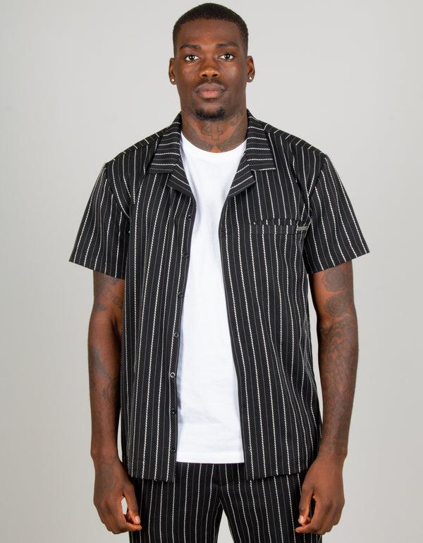 Liquor & Poker Black Pinstripe Revere Collar Short Sleeve Shirt