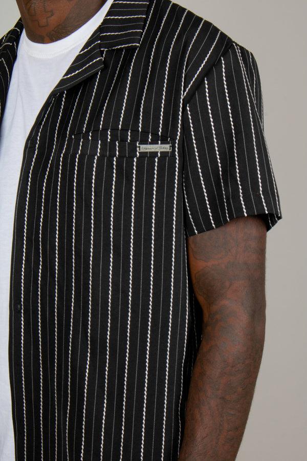 liquor & poker Black Pinstripe Revere Collar Short Sleeve Shirt