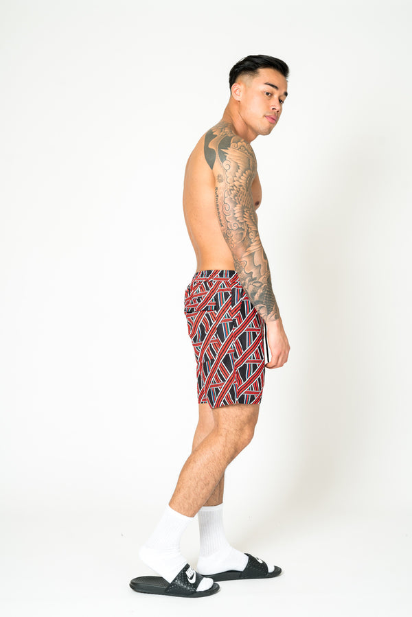 Liquor & Poker Black Relaxed Red & Black Geometric Shorts