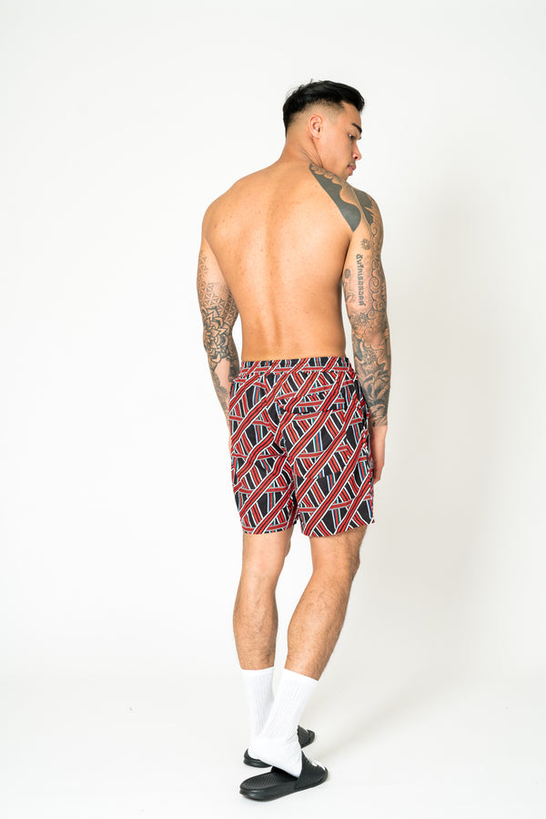 Liquor & Poker Black Relaxed Red & Black Geometric Shorts