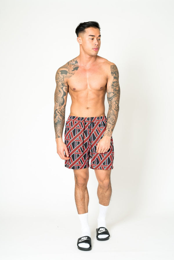 liquor & poker Black Relaxed Red & Black Geometric Shorts