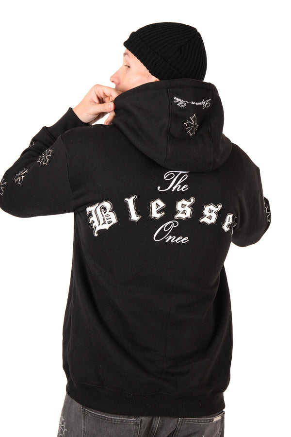 Liquor & Poker Black Rhinestone Embellished 'Blessed' Motif Hoodie
