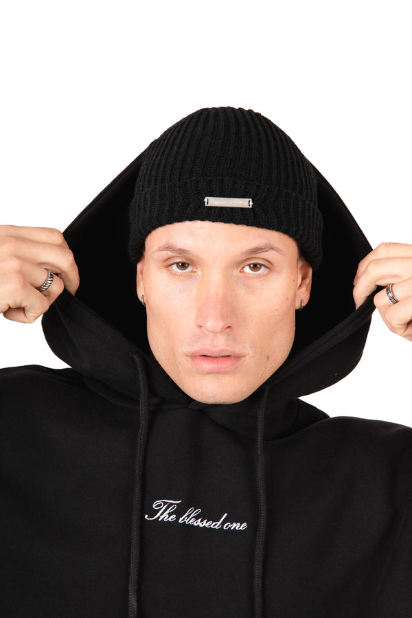 Liquor & Poker Black Rhinestone Embellished 'Blessed' Motif Hoodie