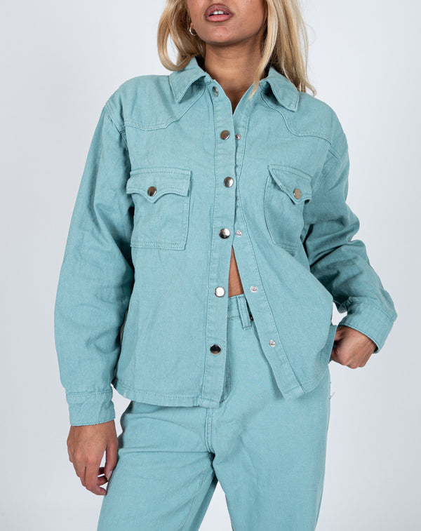 liquor & poker Boxy Western Shacket In Sage Green Denim