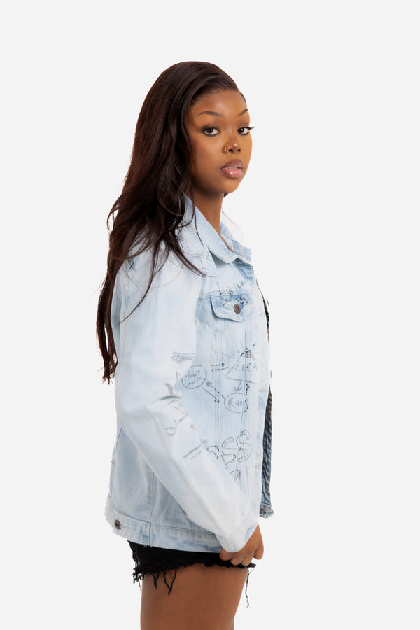 Liquor & Poker Boyfriend Fit Denim Jacket With Graffiti Illustration