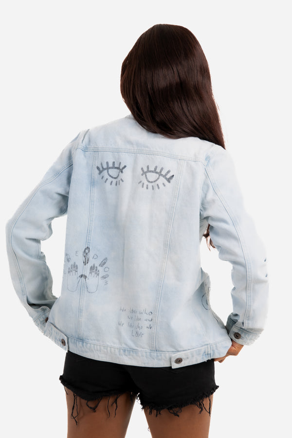 Liquor & Poker Boyfriend Fit Denim Jacket With Graffiti Illustration