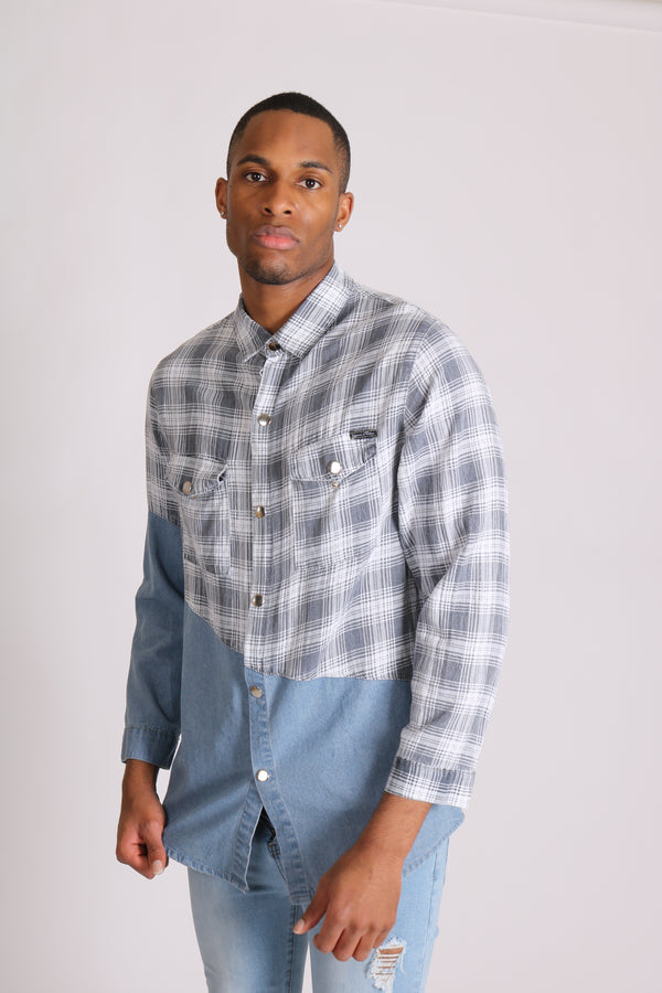 Liquor & Poker Cleveland Light Denim Shirt With Contrast Flannel Check