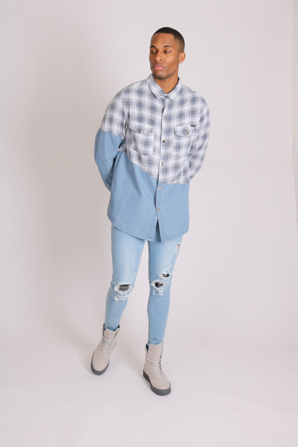 Liquor & Poker Cleveland Light Denim Shirt With Contrast Flannel Check