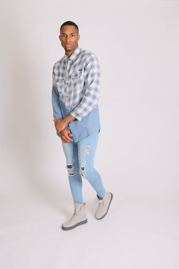 Liquor & Poker Cleveland Light Denim Shirt With Contrast Flannel Check