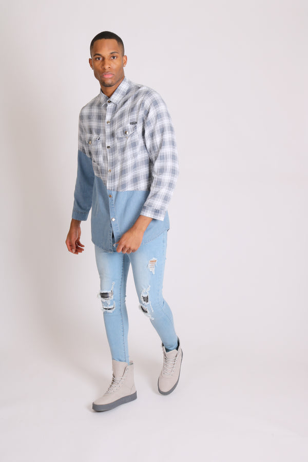 liquor & poker Cleveland Light Denim Shirt With Contrast Flannel Check