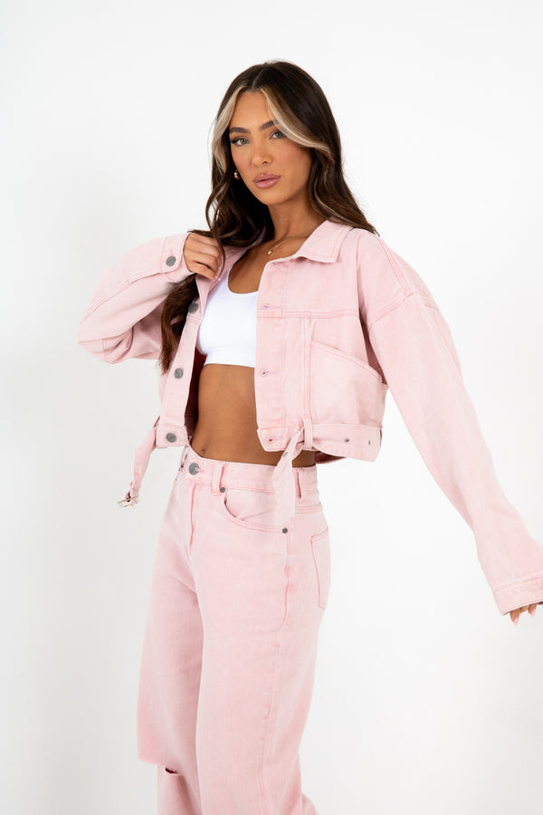Liquor & Poker Cropped Pink Utility Belted Denim Jacket