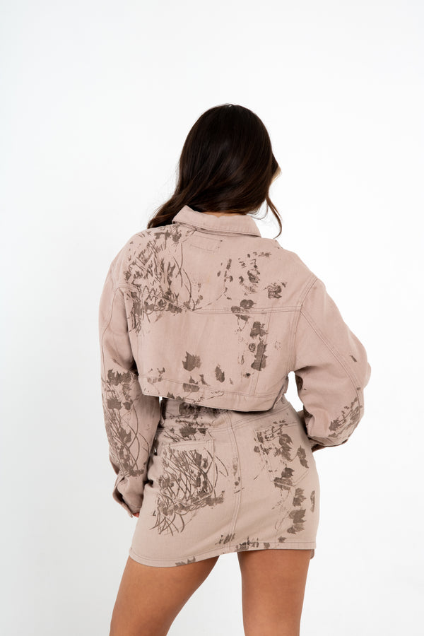 Liquor & Poker Cropped Sand & Brown Floral Twill Denim Jacket