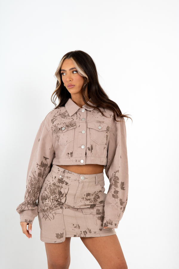 Liquor & Poker Cropped Sand & Brown Floral Twill Denim Jacket
