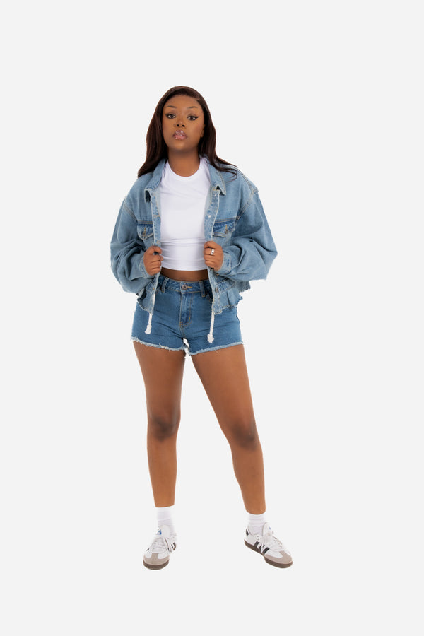 Liquor & Poker Dakota Oversized But Cropped Denim Jacket With Rope Pull Detail