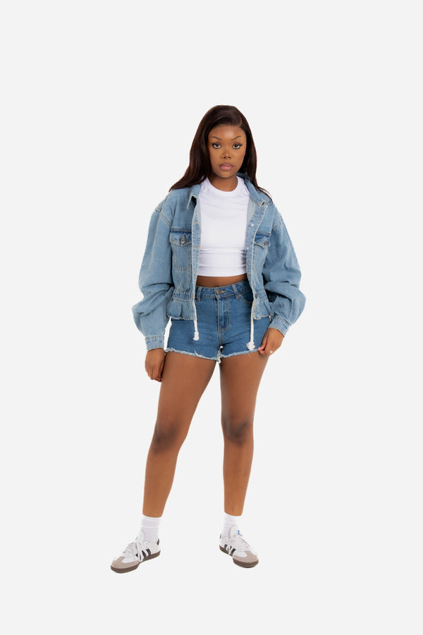 liquor & poker Dakota Oversized But Cropped Denim Jacket With Rope Pull Detail