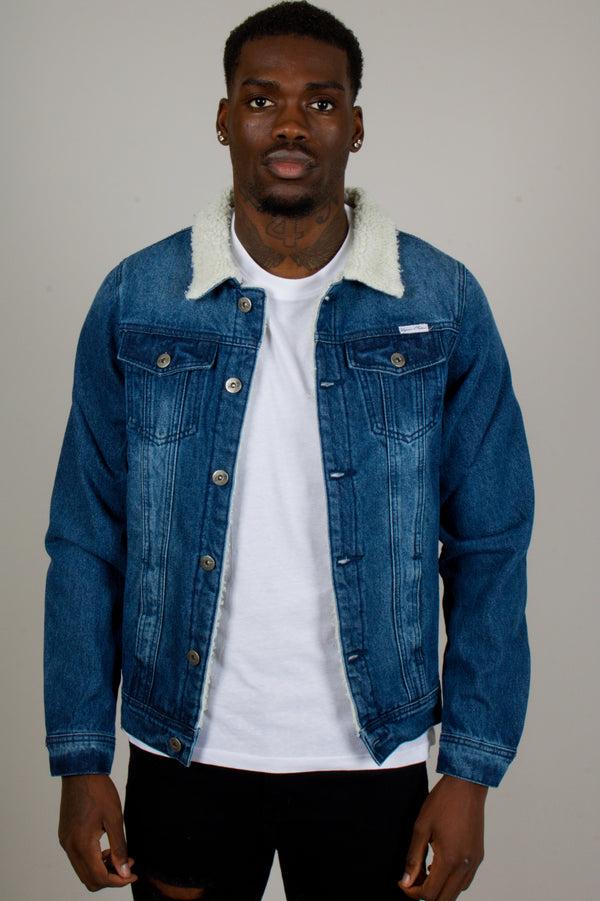 Liquor & Poker Denim Jacket With Borg Collar In Dark Indigo