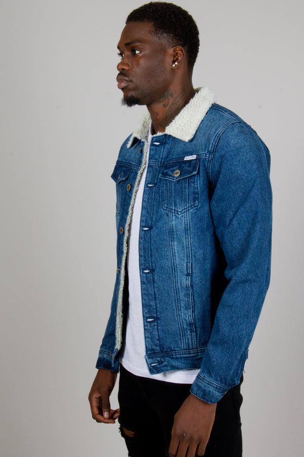 Liquor & Poker Denim Jacket With Borg Collar In Dark Indigo