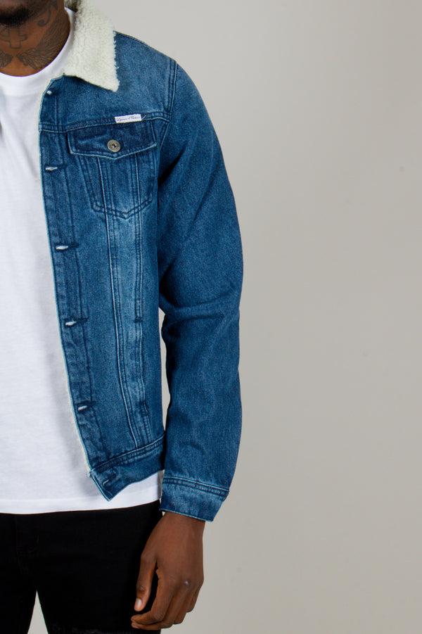 Liquor & Poker Denim Jacket With Borg Collar In Dark Indigo