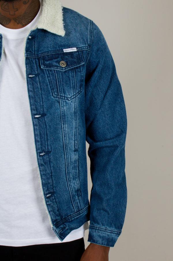 liquor & poker Denim Jacket With Borg Collar In Dark Indigo