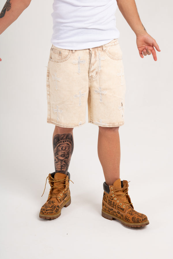 Liquor & Poker Distressed Cross Denim Shorts In Beige