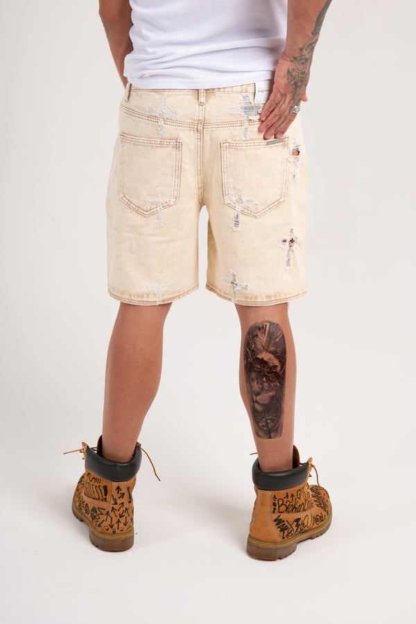 Liquor & Poker Distressed Cross Denim Shorts In Beige