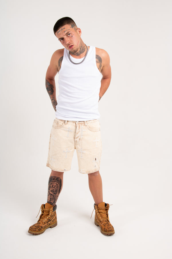Liquor & Poker Distressed Cross Denim Shorts In Beige