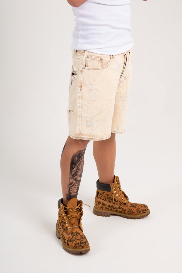 liquor & poker Distressed Cross Denim Shorts In Beige