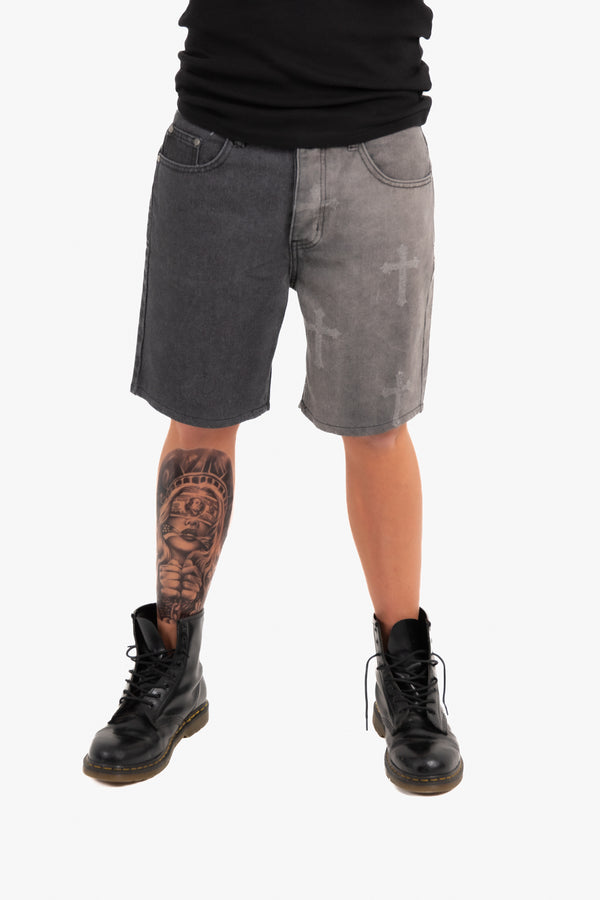 Liquor & Poker Distressed Cross Denim Shorts In Black Wash