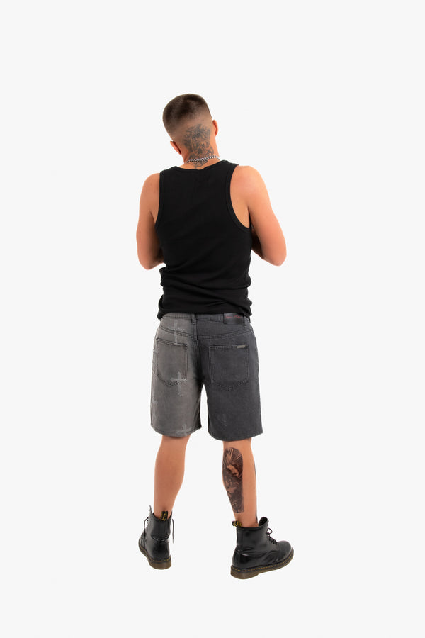 Liquor & Poker Distressed Cross Denim Shorts In Black Wash